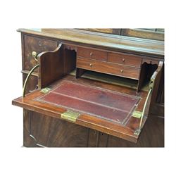 George III mahogany bookcase secretaire, dentil cornice over blind fret work frieze, enclosed by two astragal glazed doors, central secretaire drawer with fall front enclosing leather writing surface and small drawers, two flanking short drawers over double cupboard, on bracket feet