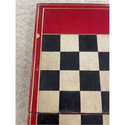 19th century walnut and brass bound games compendium box, painted to enhance the grain, of rectangular form, the hinged opening cover with rounded sides, central brass cartouche with engraved lion crest, and brass riveted straps, opening to reveal a red leather and blue silk lined compartmented interior, with fold-down games board, and lift-out tray containing playing cards, ebony turned dice towers, white and red stained bone draughts, and chess pieces, ivory dice, and ivory and ebony whist markers, and brass bezique board, cribbage board and markers, H15cm W32cm D24cm
This lot has been registered for sale under Section 10 of the APHA Ivory Act