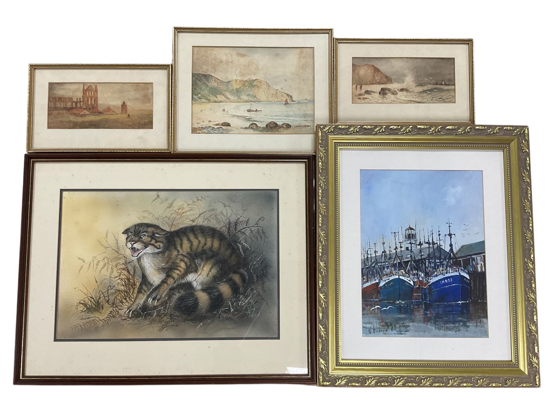 E Foster: Scarborough Harbour, acrylic signed; J Wilson: Cayton Bay and Whitby Abbey, three early 20th century watercolours; Colin Wilkinson (British 1950-2020): Cat, watercolour signed (5)