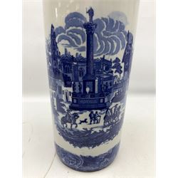 Victoria Ware blue and white umbrella stand, decorated with transfer print decorated with city scape, H43cm