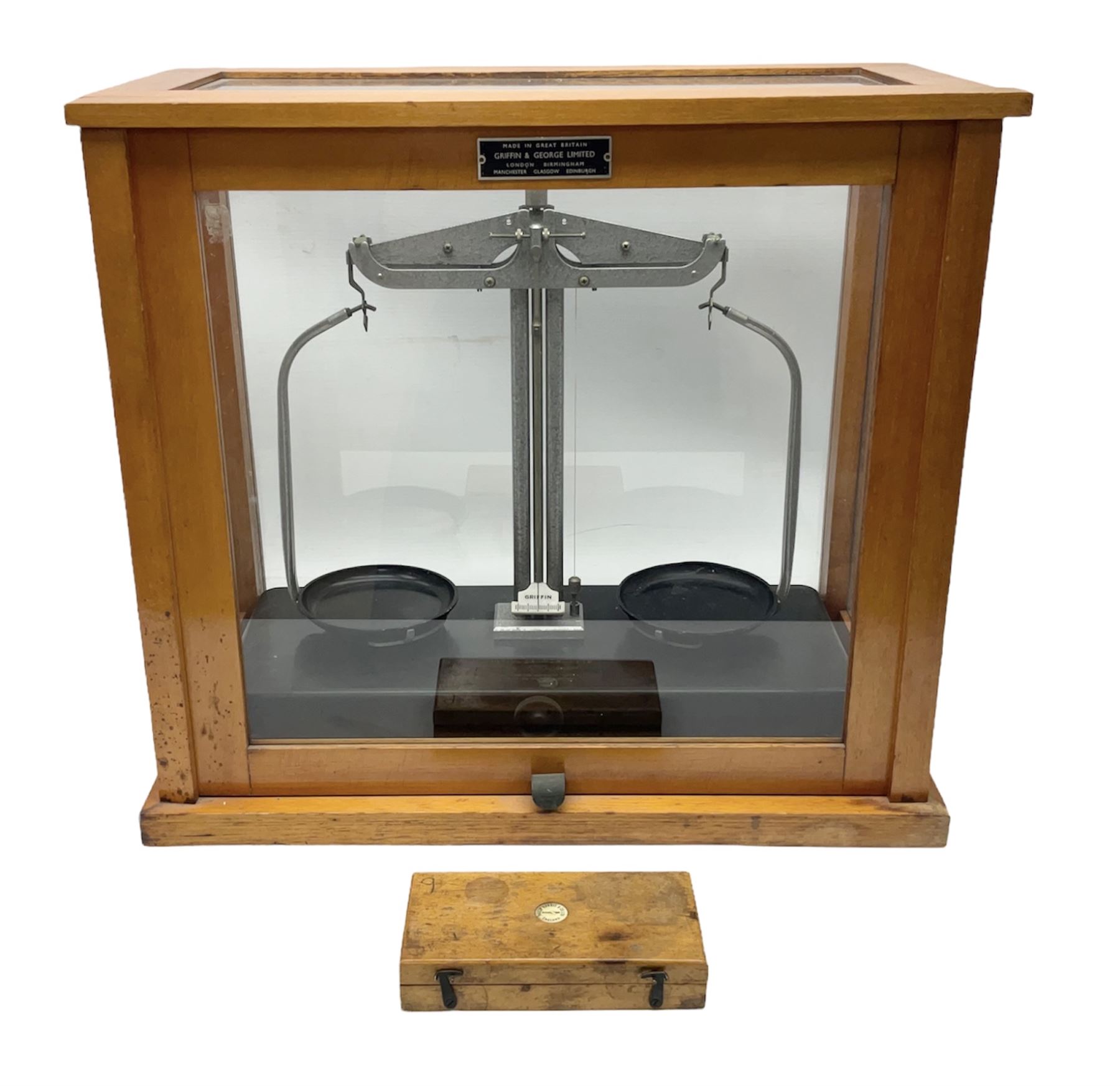Griffin & George set of laboratory scales in fully glazed hardwood cabinet with rise-and-fall front door L44.5cm H40cm; with beech box of brass weights by Philip Harris & Co Ltd