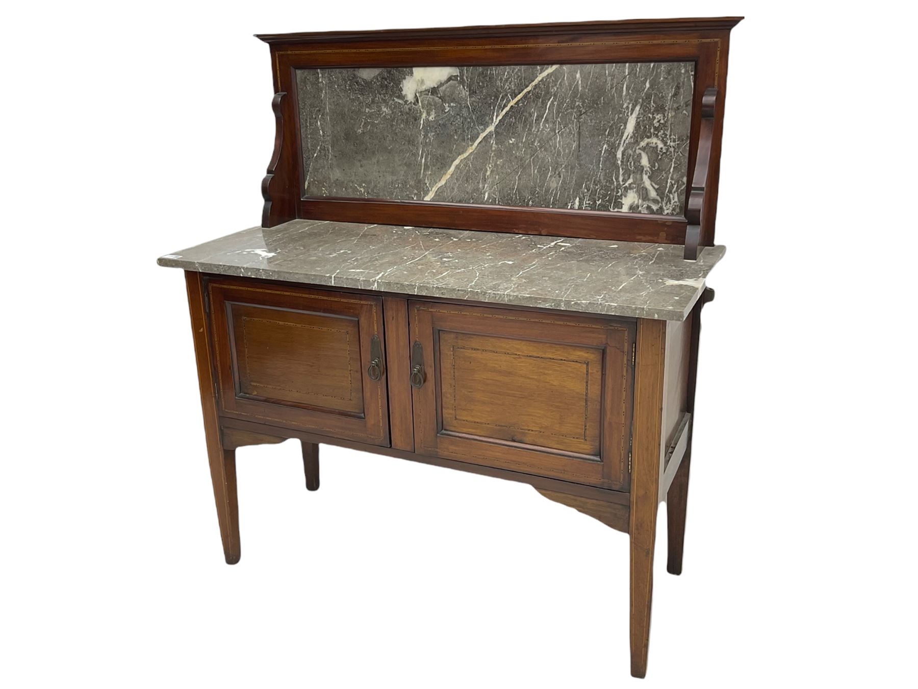Edwardian inlaid mahogany washstand, raised grey and white marble back and top, fitted with double cupboard, square tapering supports