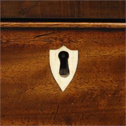 19th century mahogany bow fronted chest, the moulded top over four long cock-beaded drawers with brass swan neck handles and shield shaped bone escutcheons, flanked by reeded uprights, raised upon shaped bracket feet