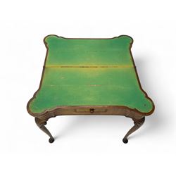 Georgian walnut fold-over card table, shaped rectangular top opening to reveal a baize-lined surface, supported by a concertina pull-out rear mechanism, frieze fitted with single drawer, raised on cabriole supports with foliate carvings terminating in pad feet