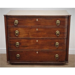  George III inlaid mahogany bow fronted mahogany chest of four graduating drawers, bone escutcheons, flanked by reeded columns, W116cm, H94cm, D57cm  