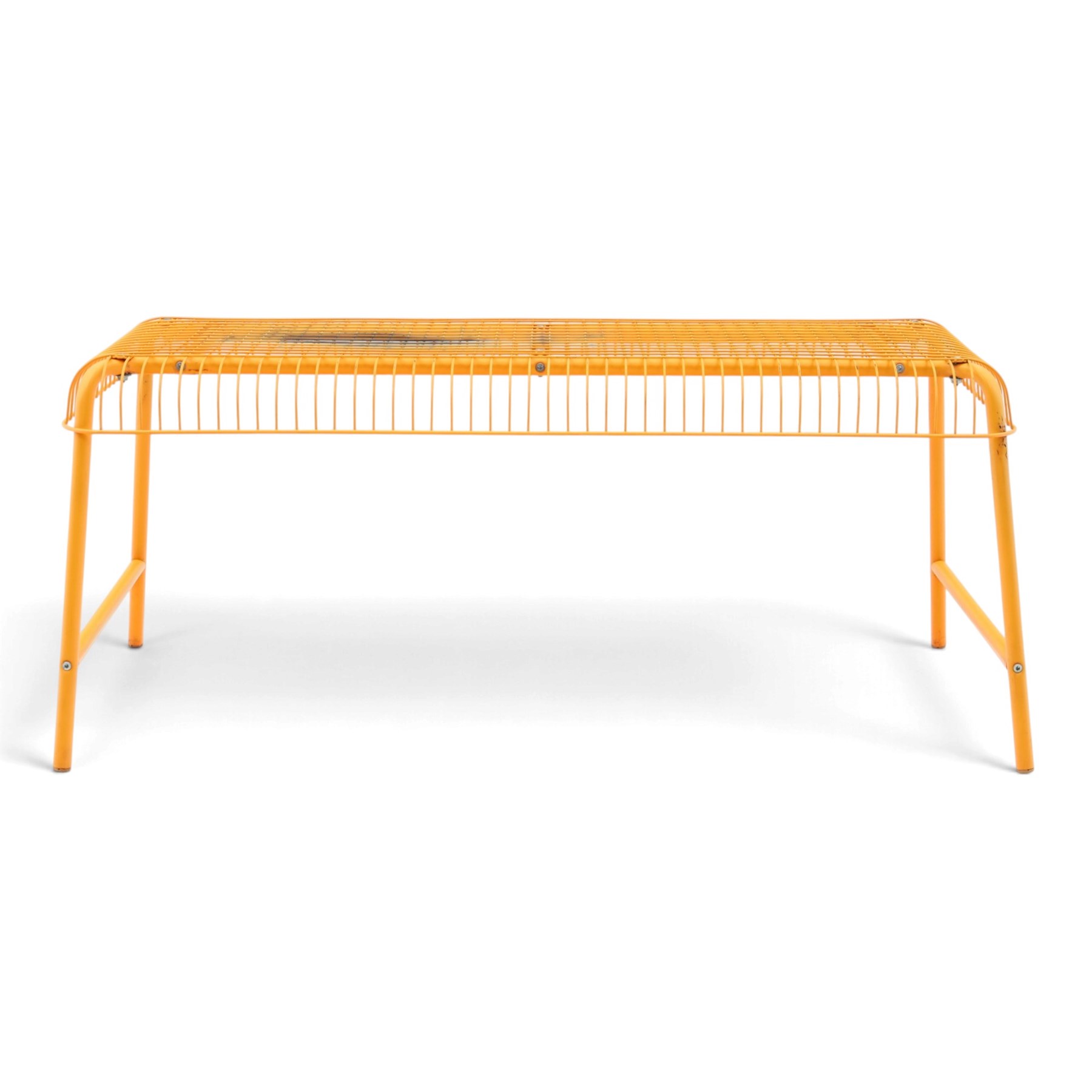 Ikea - 'Vasteron' 1990's orange metal bench, wireframed seat with tubular metal supports 