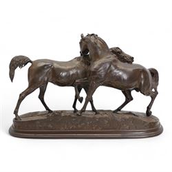 After Pierre-Jules Mene (1810-1879) - 'L'Accolade' (The Embrace) a bronze group of two horses with their necks crossed standing on a shaped oval base signed 'P J Mene' H36cm x W51cm