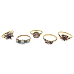 Five 9ct gold stone set rings, hallmarked or tested  
