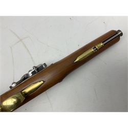 Reproduction non-firing flintlock pistol with brass skull crusher butt, the lock-plate inscribed 'Tower' and 'GR' L40cm; Sabre Japan Original Bowie Knife in sheath; and Indian embossed nickel two-piece walking cane (3)