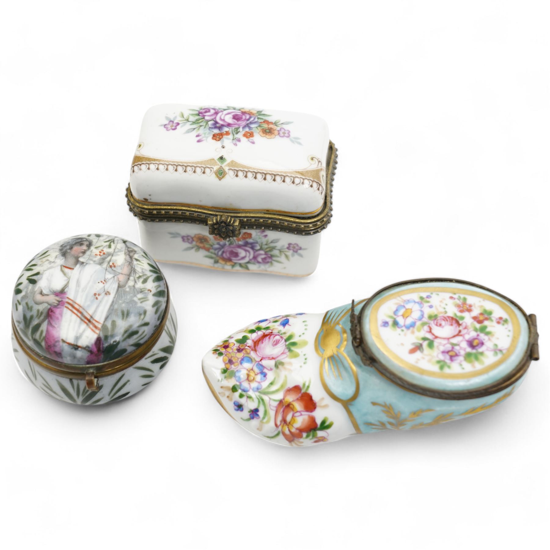 Four 19th century porcelain trinket boxes, including Sevres style example with blue boarders, and Limonges style shoe shaped box, unmarked (4) 
