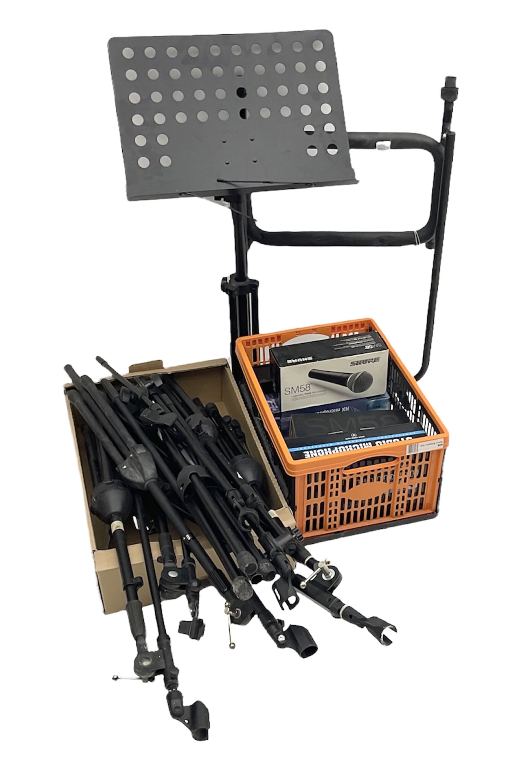 Two Shure SM58 microphones, Gatt Audio DM-700 microphone, other boxed and unboxed microphones and various microphone and music stands