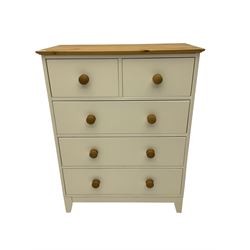 Cream painted pine chest, fitted with two short over three long drawers