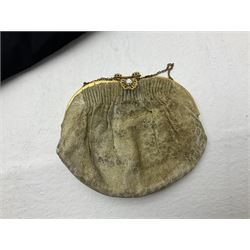 Victorian three piece mourning dress, with lace trim and jet beading, including velvet coat with satin collar panels and cuffs, the nipped waist with boning and slight flared peplum, heavily embellished beaded high neck collar, and ladies embroidered silk lined purse with gilt handle, mount and clasp