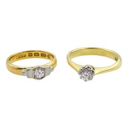 Gold single stone round brilliant cut diamond ring, stamped 18ct, diamond approx 0.30 carat and an Art Deco 22ct gold modified singe stone diamond ring, London 1936