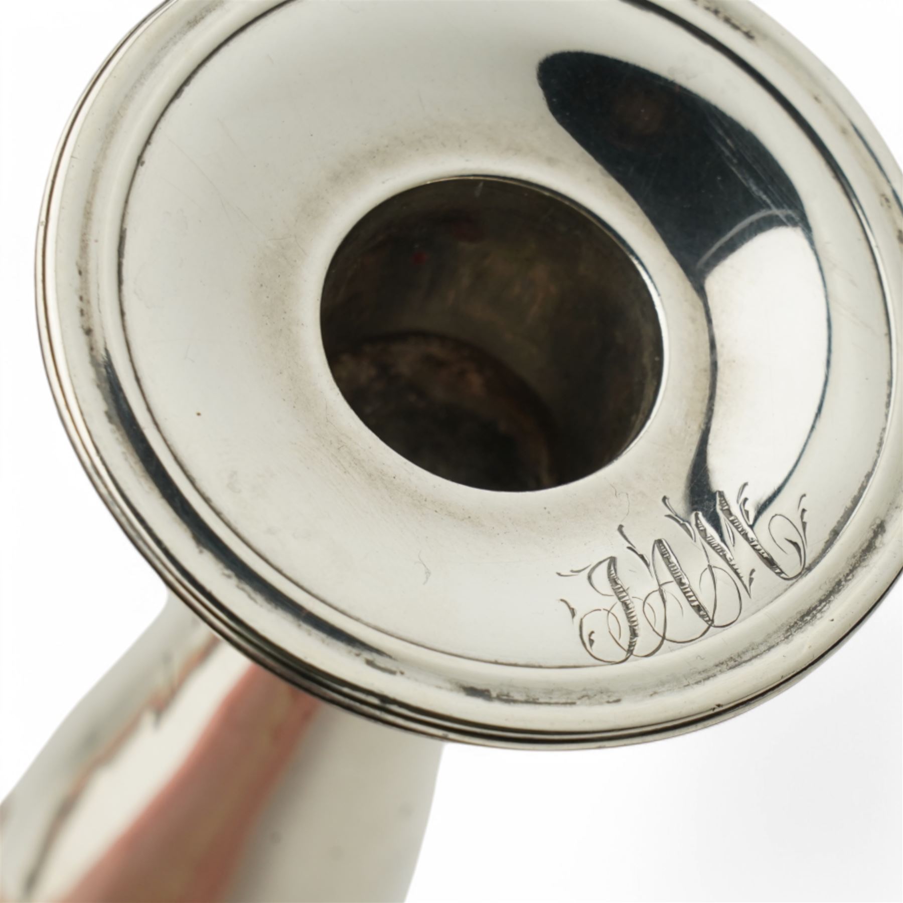 Pair of George III silver candlesticks with baluster stems and square bases, engraved with a monogram H20cm Sheffield 1793 and 1797, one double struck with kings head