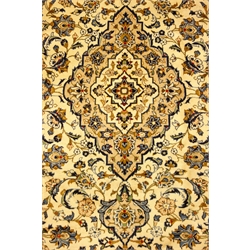  Persian Kashan ivory ground rug, blue interlacing foliage overall design with medallion, 308cm x 203cm   