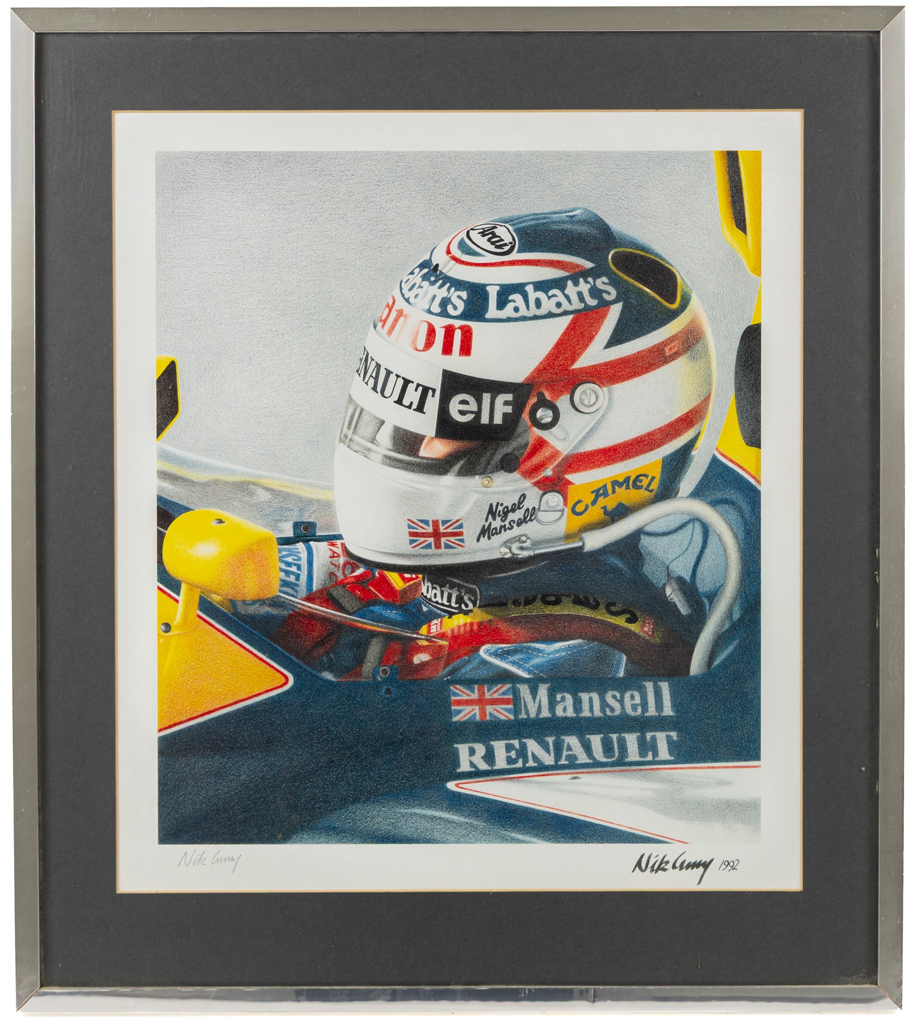 Three Formula 1 racing prints, including Nigel Mansell example signed by Nik Curry, Nigel Mansell 'Inside View' by Karen Johnson, and a Ray Goldsborough example, all framed, largest H38cm, W55cm