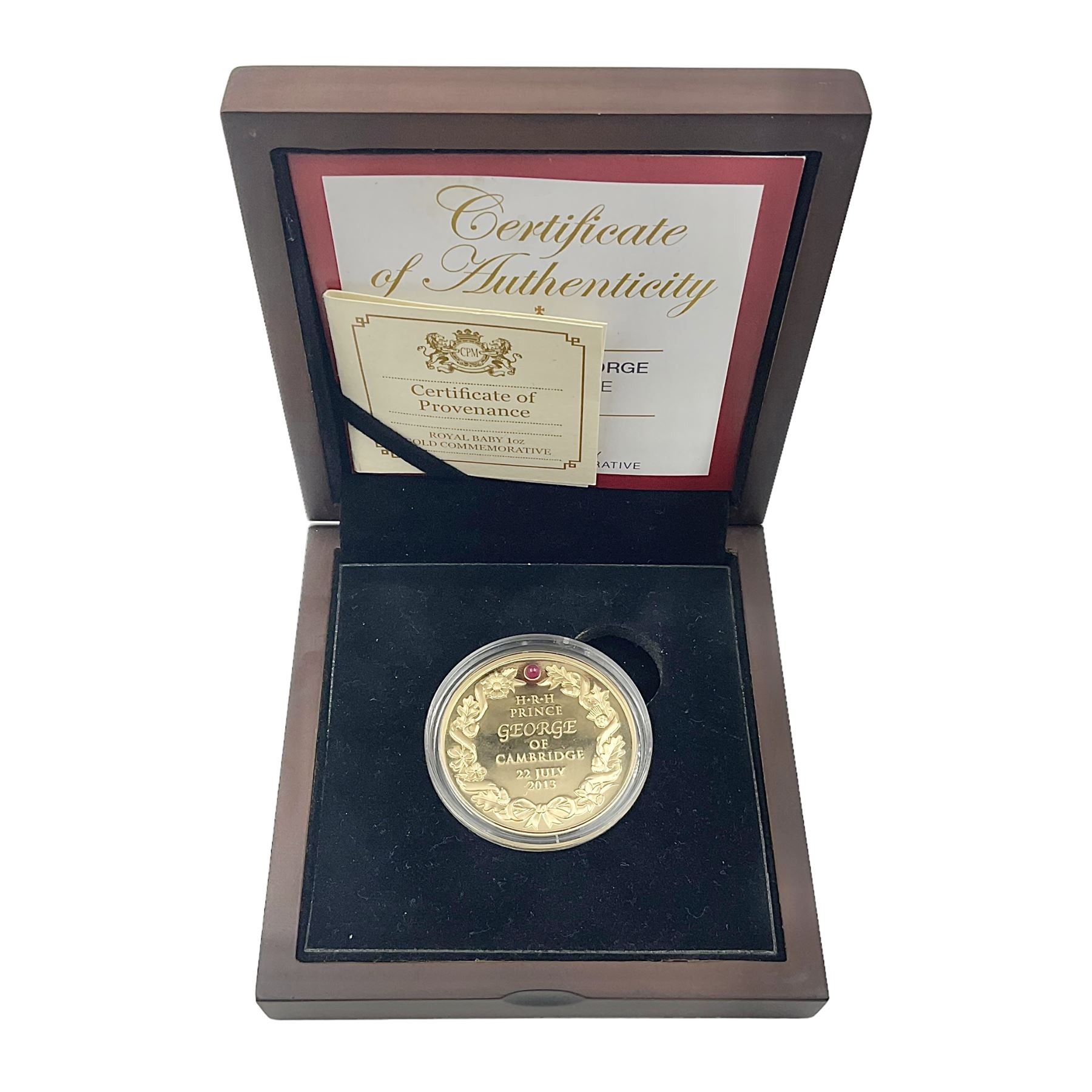 'HRH Prince George of Cambridge The Royal Baby' gold commemorative medallion, weighing 34 grams of 22 carat gold, cased with certificate