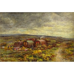 James Ulric Walmsley (British 1860-1954): Gypsy Caravans on the Yorkshire Moors, oil on board signed 23cm x 34cm

