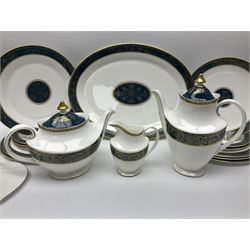 Royal Doulton Carlyle pattern tea and dinner service for six, to include teapot, coffee pot, teacups and saucers, coffee cups and saucers, milk jug, open sucrier, dinner plates, side plates, bowls, soup bowls, to covered dishes etc (64) 