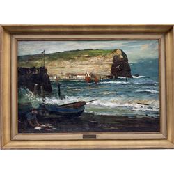 John Robertson Reid (Scottish 1851-1926): 'The Little Nab Staithes', oil on canvas signed, titled and signed verso 56cm x 87cm