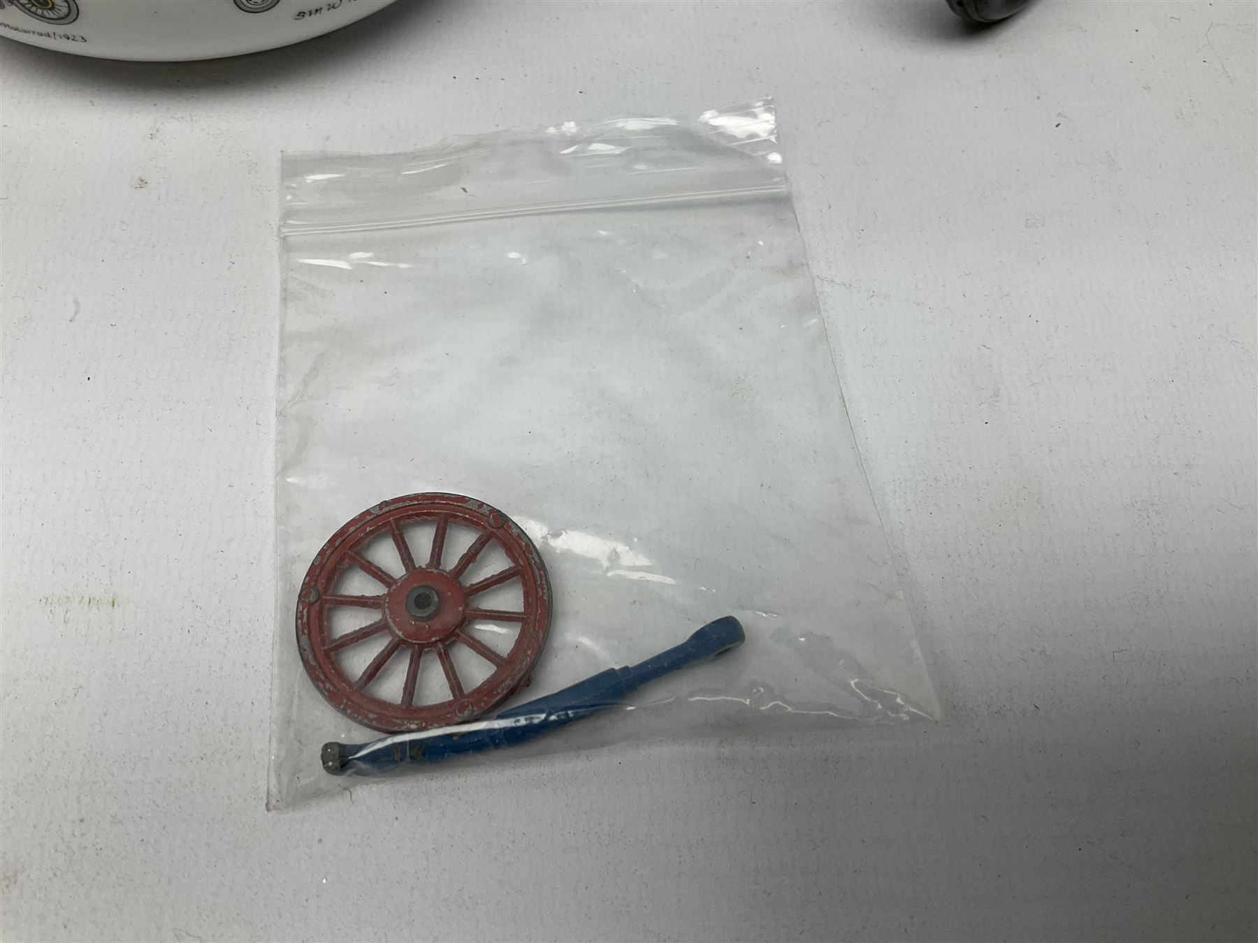 Chad Valley clockwork Fordson Major Tractor, a group of play worn Britains and other lead and metal farm animals, figures and accessories including a kennel, haystacks, dovecote, cows, sheep etc, together with a diecast model of a Tandem Bike L31cm