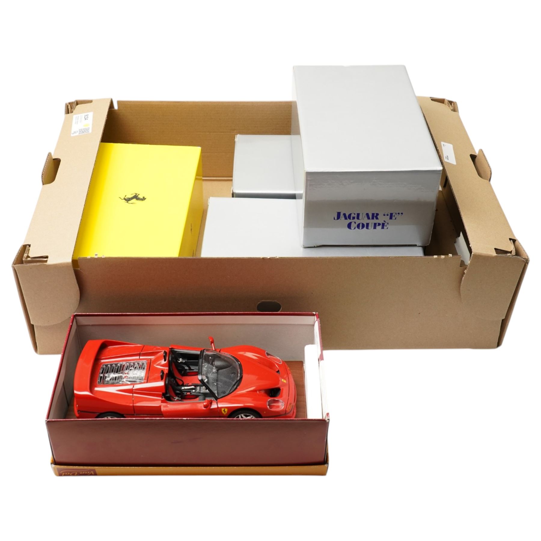 Collection of Burago cars including Ferrari 360 Modena, two Jaguar E Coupes, Ferrari 500 Maranello all boxed and Ferrari F50 (5) 