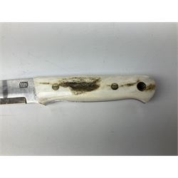 Three hunting knives, each blade marked A. Wright & Sons Sheffield, one with leather handle, one with horn handle and one with antler handle; each with leather sheath (3)