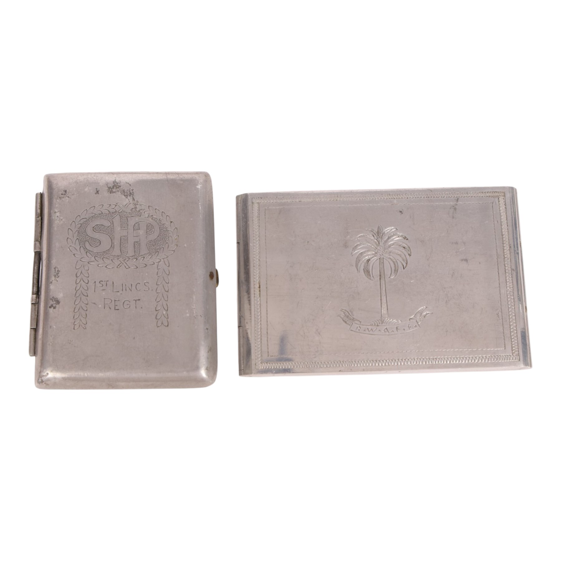 WWI and WWII cigarette cases, including German Gott mit uns example, 1st Lincs regt, R.M.S Calgaric etc 