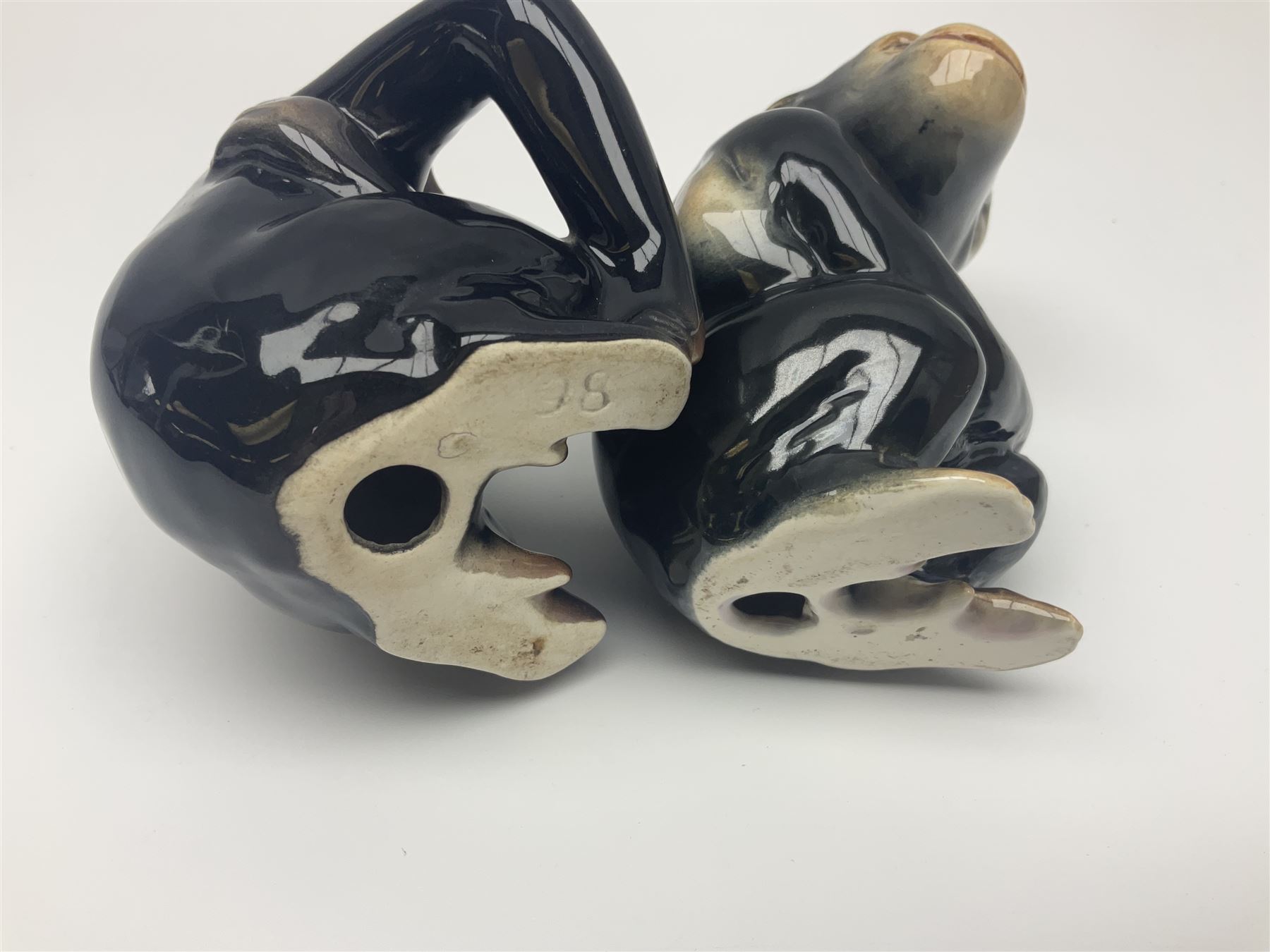 Large Sylvac monkey together with three smaller monkeys, together with Beswick Pigeon no 1383, Melba Ware hippo and baby and Royal Dux elephant 