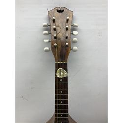 Italian eight-string mandolin with maple back and ribs and spruce top with inlaid floral marquetry panel within a fragmented mother-of-pearl border L61cm; cased; and a (damaged) German 'Michigan' mandolin for spares or repair (2)