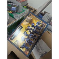 Collection of modelling equipment, kits, accessories, loose lego, including Games Workshop Warhammer 40000, military figures, etc, in four boxes, 