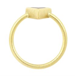 18ct gold black diamond ring, bezel set with a single trilliant cut diamond of approx 0.45 carat, stamped
