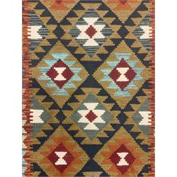 Maimana Kilim runner, overall geometric design in green and blue shades with red highlights 