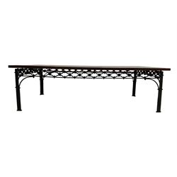 Laura Ashley - mango wood and wrought iron coffee table, the rectangular top over a pierced wrought iron frieze in repeating lozenge pattern