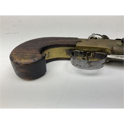 Scratch-built non-firing copy of a brass 'blunderbuss' flintlock pistol, approximately 12-bore, the 14cm cannon barrel with trigger guard operated bayonet under and side fitting ramrod, top thumb safety and oak stock; replica proof marks L26cm overall