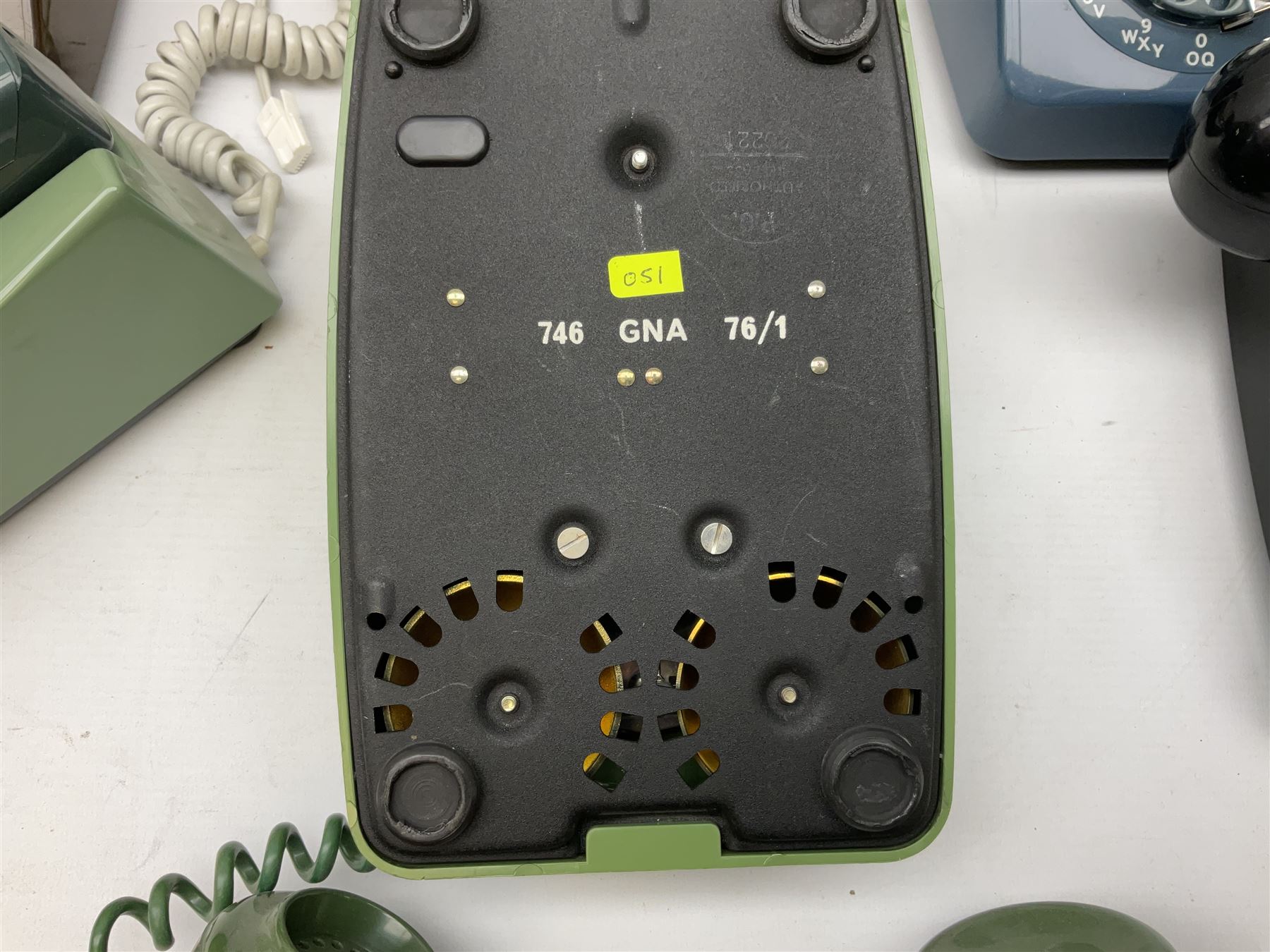 Collection of six vintage telephones, including a trimphones telephone