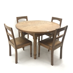 Oak handmade circular table, adzed top, four turned supports (D15cm, H76cm) and set four oak ladder back chairs, leather studded seats, turned supports (W43cm)