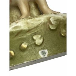 Royal Dux figure modelled as a fish seller, with applied triangle mark to the base and impressed model number 2292, H27cm, together with three Royal Dux style elephants, and a pair of Austrian Turn Wien figures, each carrying 'striker' baskets for matches. 