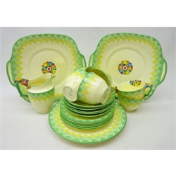  Art Deco Crown Staffordshire tea set for six, with a graduated green tone checkered border, floral moulded handles and painted design (22)   