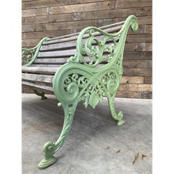 Early 20th century ornate green painted cast iron and hardwood slatted garden bench