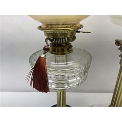 Brass Corinthian column oil lamp, upon stepped marble base, together three other brass table lamps, tallest H68cm