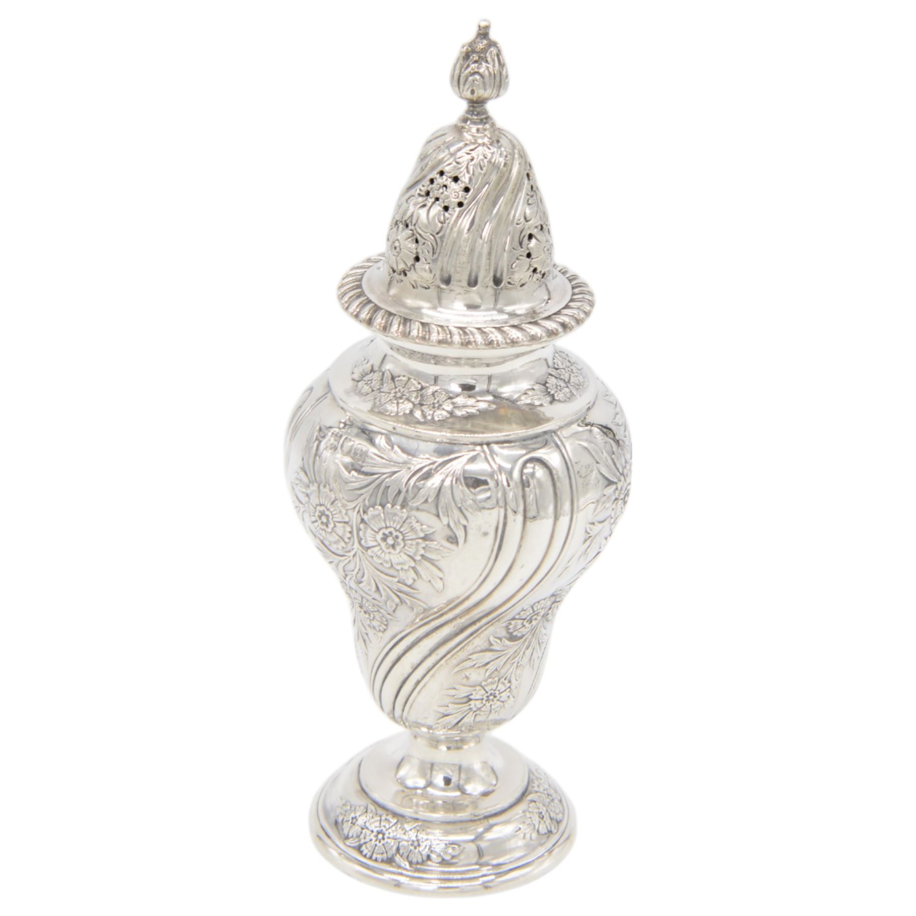Edwardian silver sugar caster, of typical form embossed with floral decoration, the removable pierced cover with oblique gadrooned rim and bud finial, upon a circular stepped foot, hallmarked Hawksworth, Eyre & Co Ltd, London 1901, H20cm