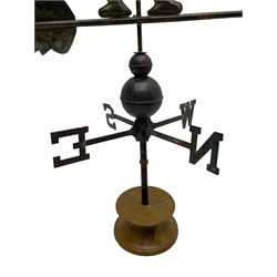 Copper weather vane in the form of a rooster, on two graduating spherical mounts, turned oak footed base 