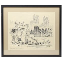 After Robert Morden (British 1650-1703): 'The County Palatine of Chester', hand coloured etching; together with a collection of architectural etchings and ink drawings, variously signed max 38cm x 47cm (6)