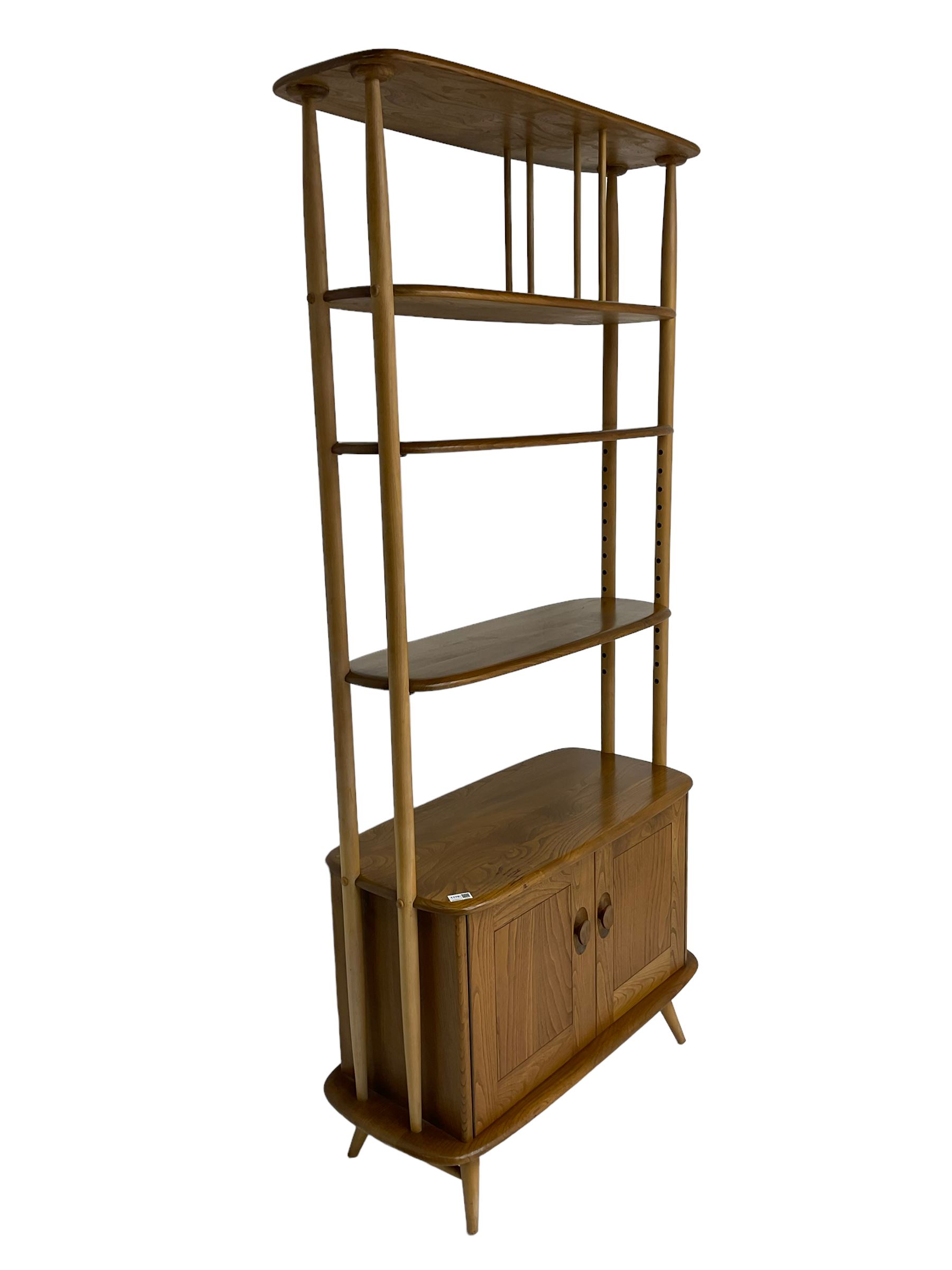 Ercol 'Giraffe' elm and beech room divider, fitted with shelves and