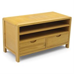 Ercol - ‘Bosco’ oak media cabinet, rectangular top over open shelf with rear apertures for...