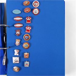Rugby league enamel badge collection, from Barrow Raiders, Batley, Blackpool Panthers, Bradford Northern, Bradford Bulls, Bramley, Castleford, Catalan Dragons, Celtic Crusaders, Dewsbury Rams, Doncaster, Featherstone Rovers and Halifax, housed in two folders, (approximately 280)