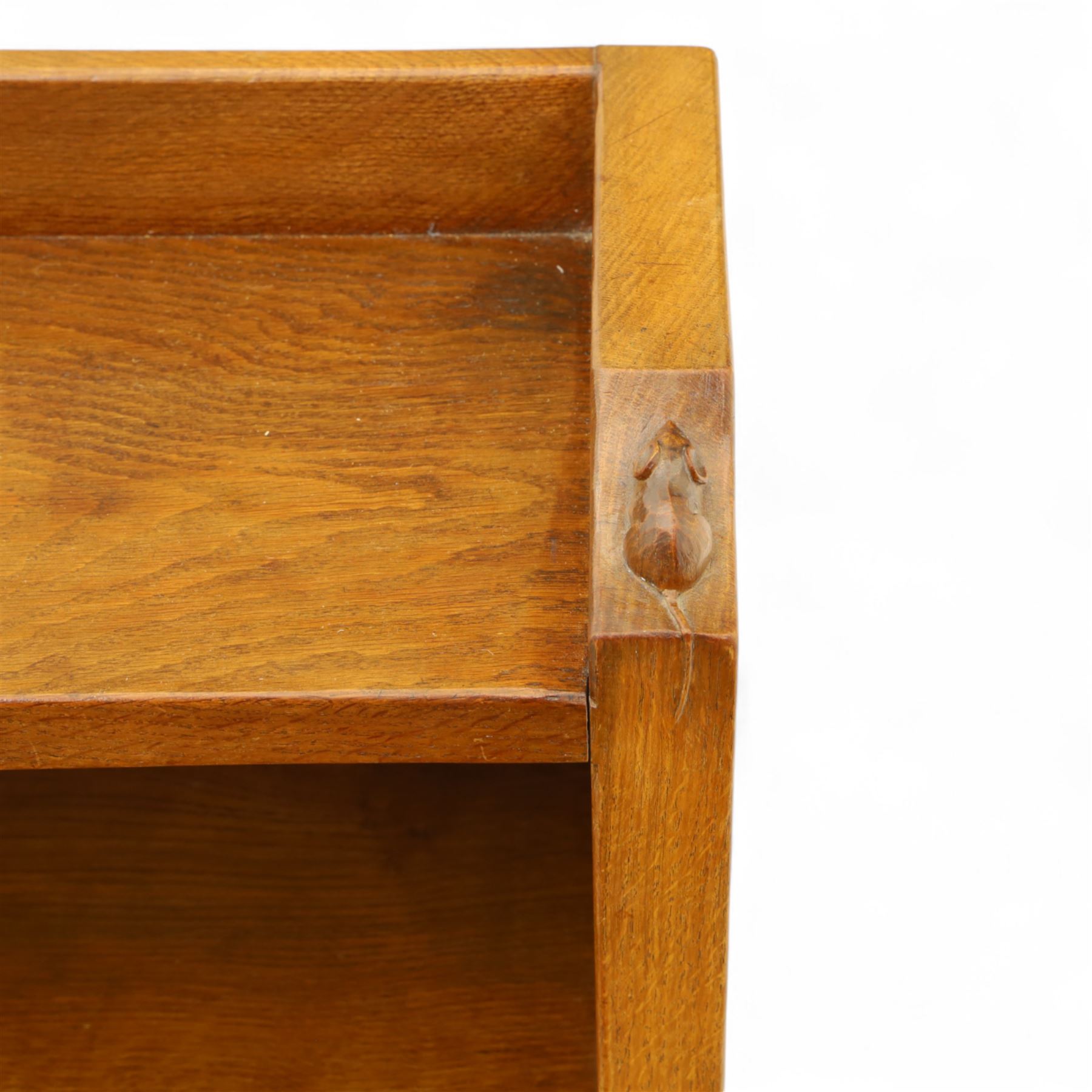 Mouseman - oak open bookcase, galleried top with the signature mouse motif carving, two adjustable shelves, by the workshop of Robert Thompson, Kilburn