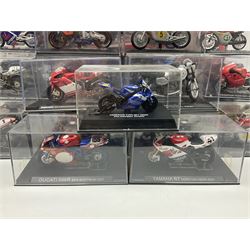 Fifty-one die-cast models of motorcycles by Maisto, Protar Italeri, Welly etc; many in perspex display boxes, some in window boxes and some unboxed